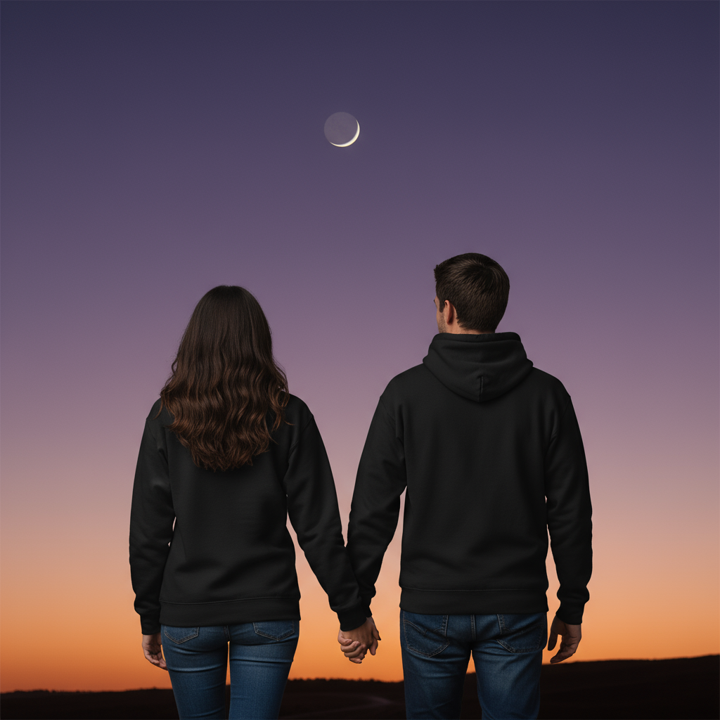 Black hoodie back view - walking hand in hand