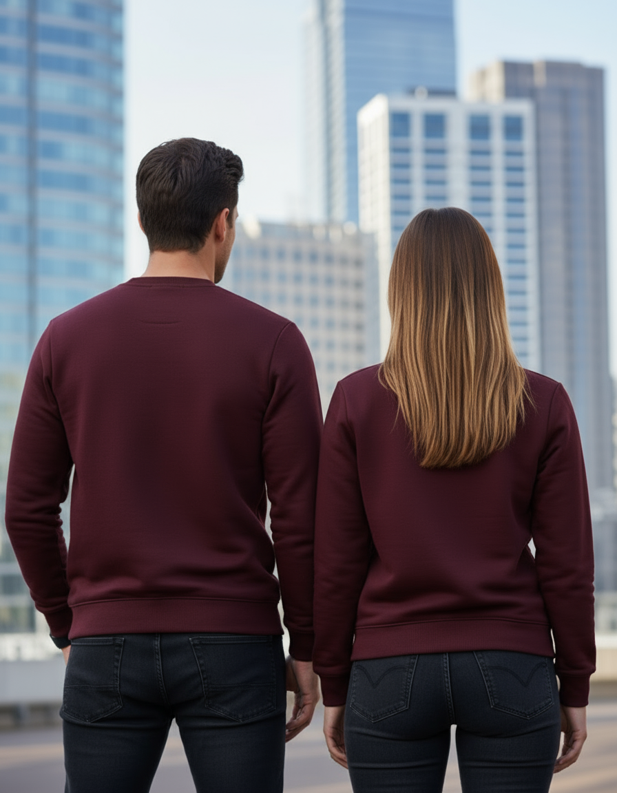 Burgundy sweatshirt back view - hands in back pockets