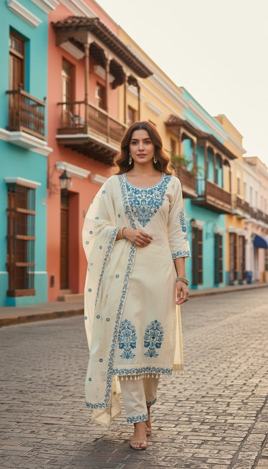 OFF WHITE SUIT WITH HANDWORK-3PC SET (READY TO WEAR)