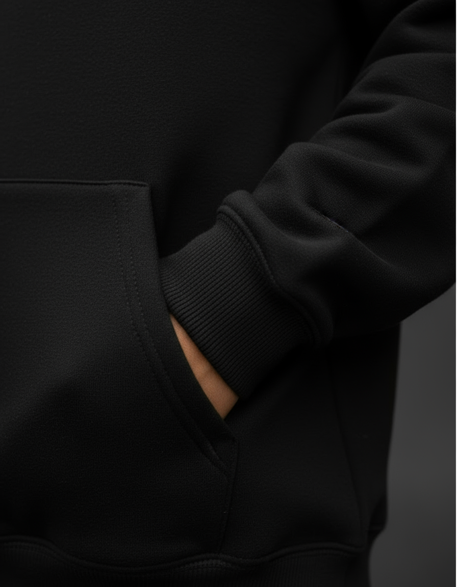 Close-up detail of black oversized hoodie premium fabric
