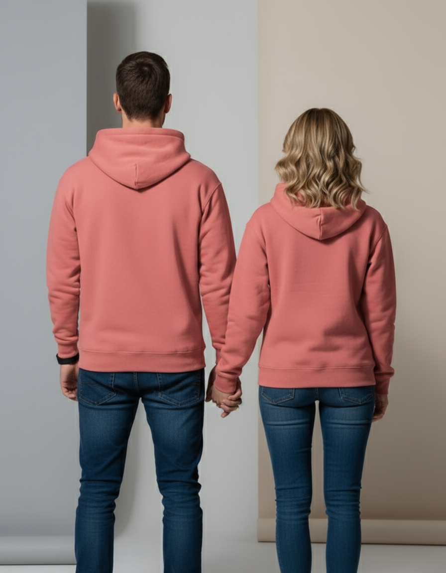 Coral pink hoodie back view - holding hands