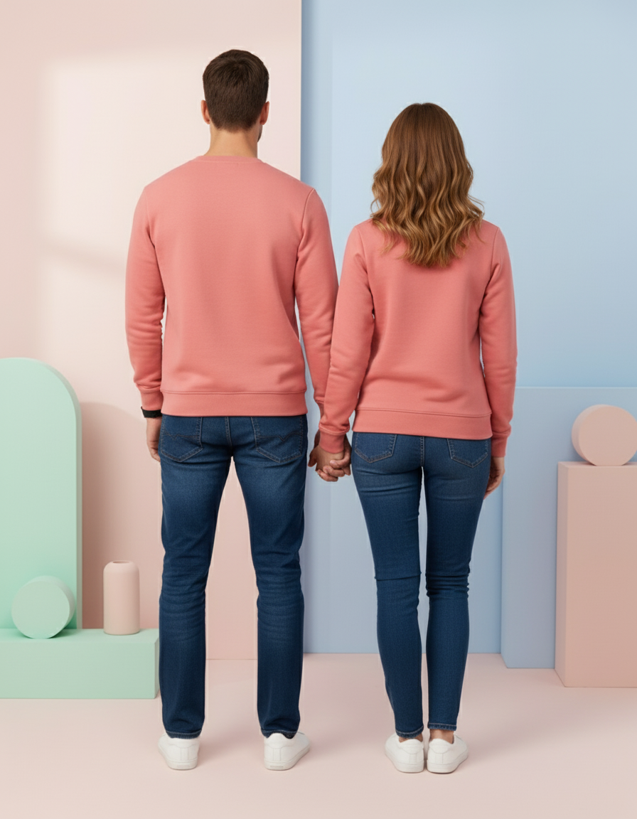 Coral pink sweatshirt back view - holding hands