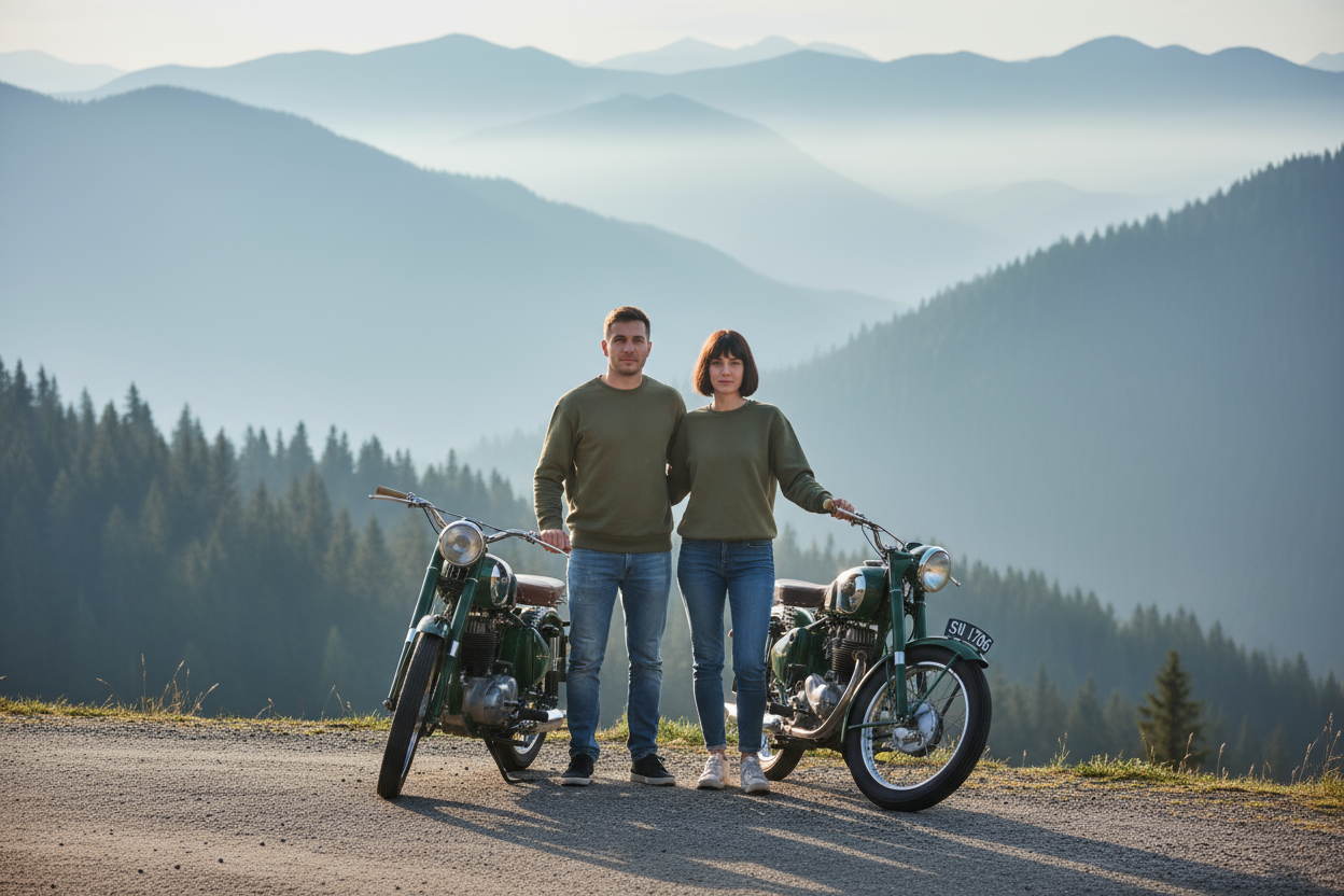 Couple with motorcycles - short hair girl holding handlebar