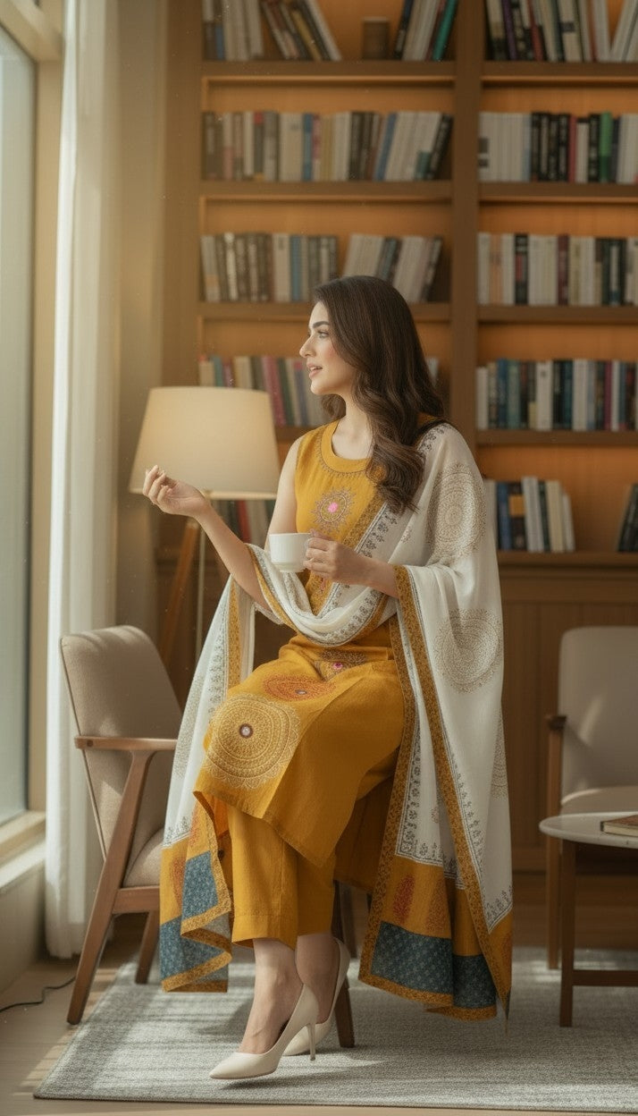 MUSTARD YELLOW SUIT WITH MIRROR WORK-3PC SET (READY TO WEAR)