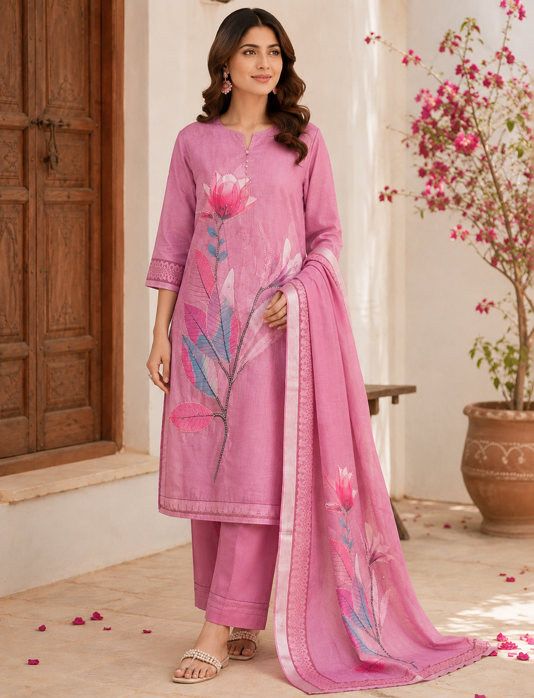 UNSTICHED PINK CHANDERI COTTON SUIT WITH FLORAL PRINT