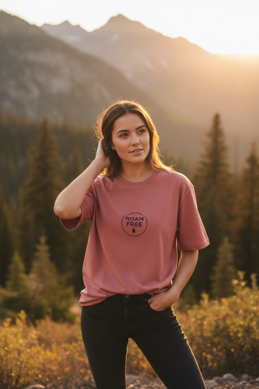Female model wearing Roam Free oversized t-shirt in nature