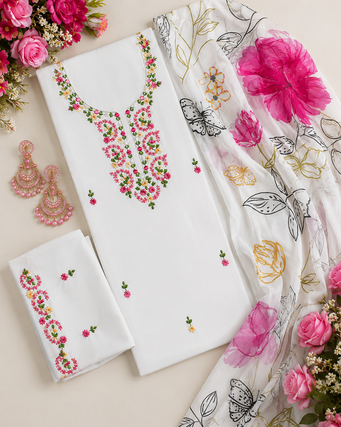 UNSTICHED WHITE RAYON HAND-EMBROIDERED SUIT WITH EMBROIDERED BOTTOM