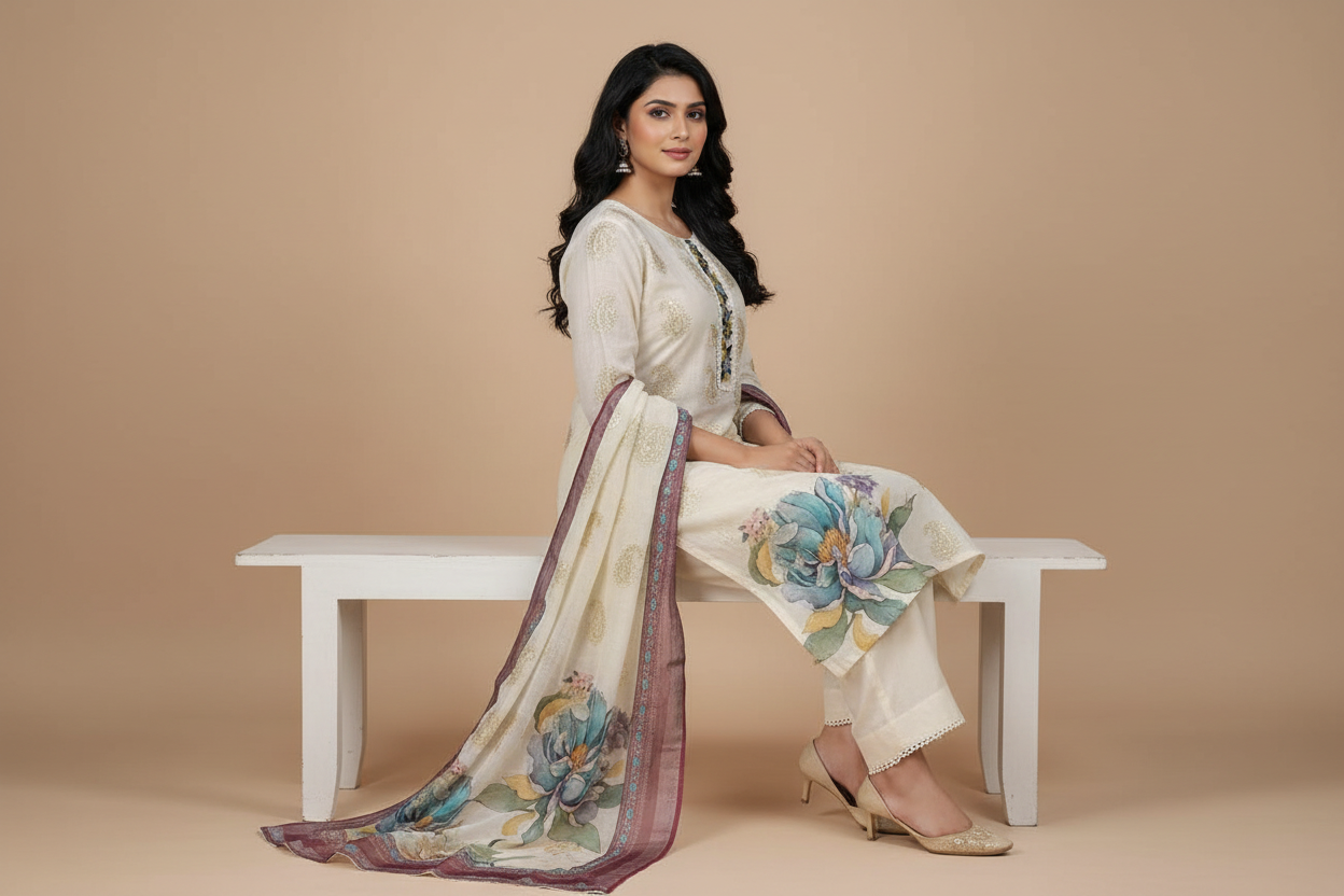 UNSTICHED ROYAL CREAM CHANDARI COTTON SUIT