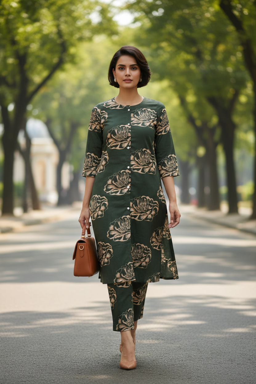 GREEN A LINE SUIT WITH TROUSER-2PC SET (READY TO WEAR)
