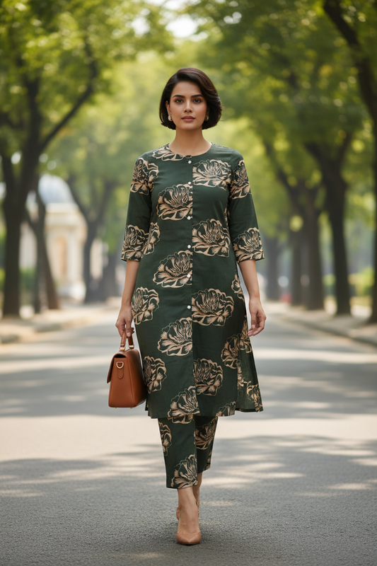 GREEN A LINE SUIT WITH TROUSER-2PC SET (READY TO WEAR)