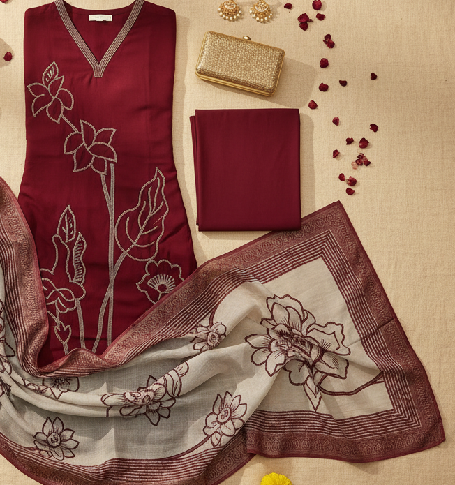 MULBERRY WINE SUIT WITH TROUSER-3PC SET (READY TO WEAR)