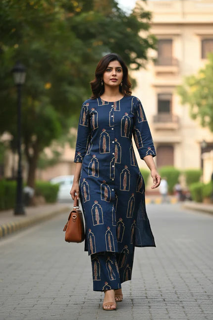 BLUE A LINE SUIT WITH TROUSER-2PC SET (READY TO WEAR)