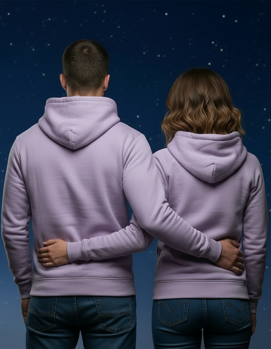 Lavender hoodie back view - arms around waist