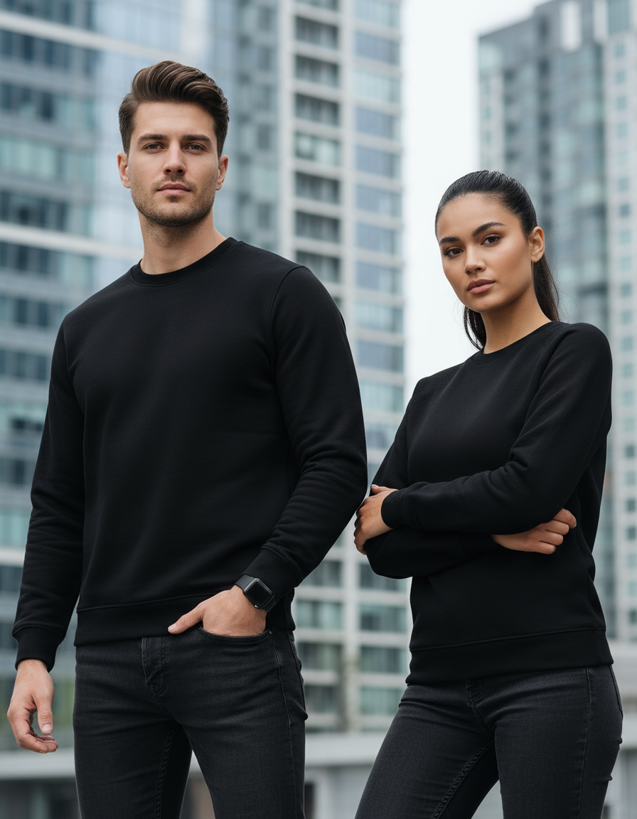 Male and female models wearing black sweatshirts in urban setting