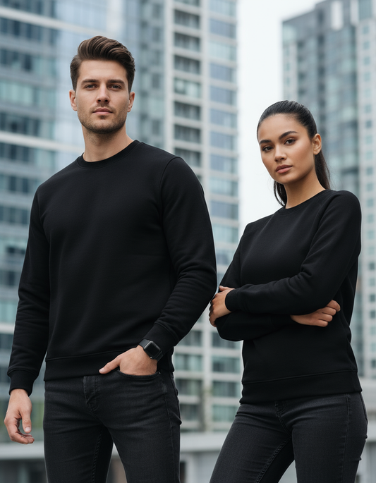 Male and female models wearing black sweatshirts in urban setting