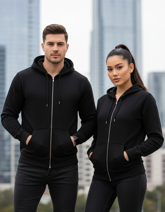 Male and female models wearing black zip-up hoodie in urban setting