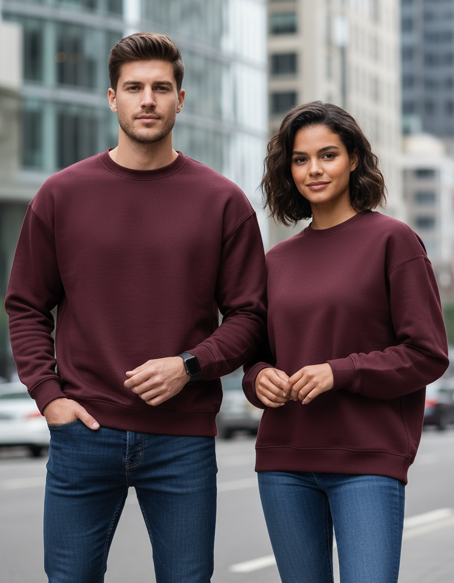 Male and female models wearing burgundy oversized sweatshirts in urban setting