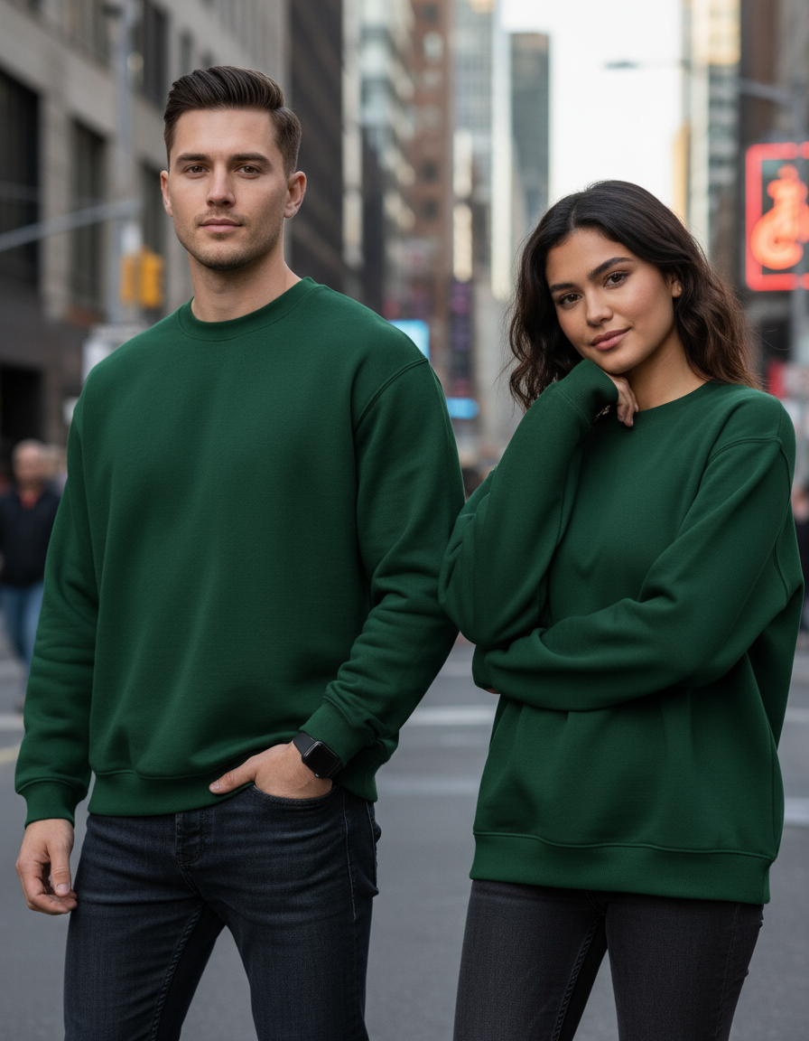 Male and female models wearing forest green oversized sweatshirts in urban setting