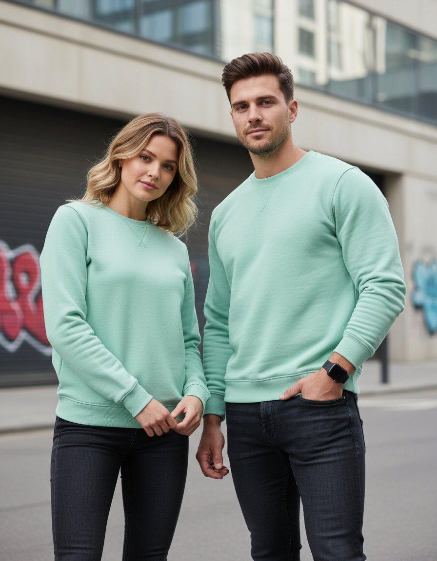 Male and female models wearing mint green sweatshirts in urban setting