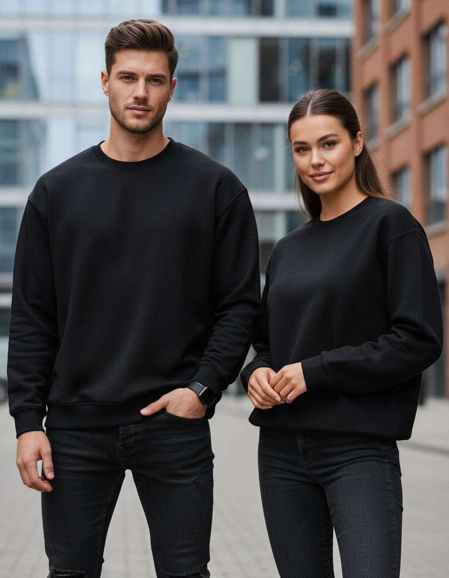 Male and female models wearing oversized black sweatshirts in urban setting