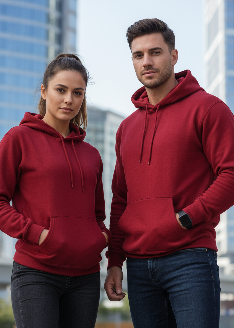 Male and female models wearing red hoodie in urban setting