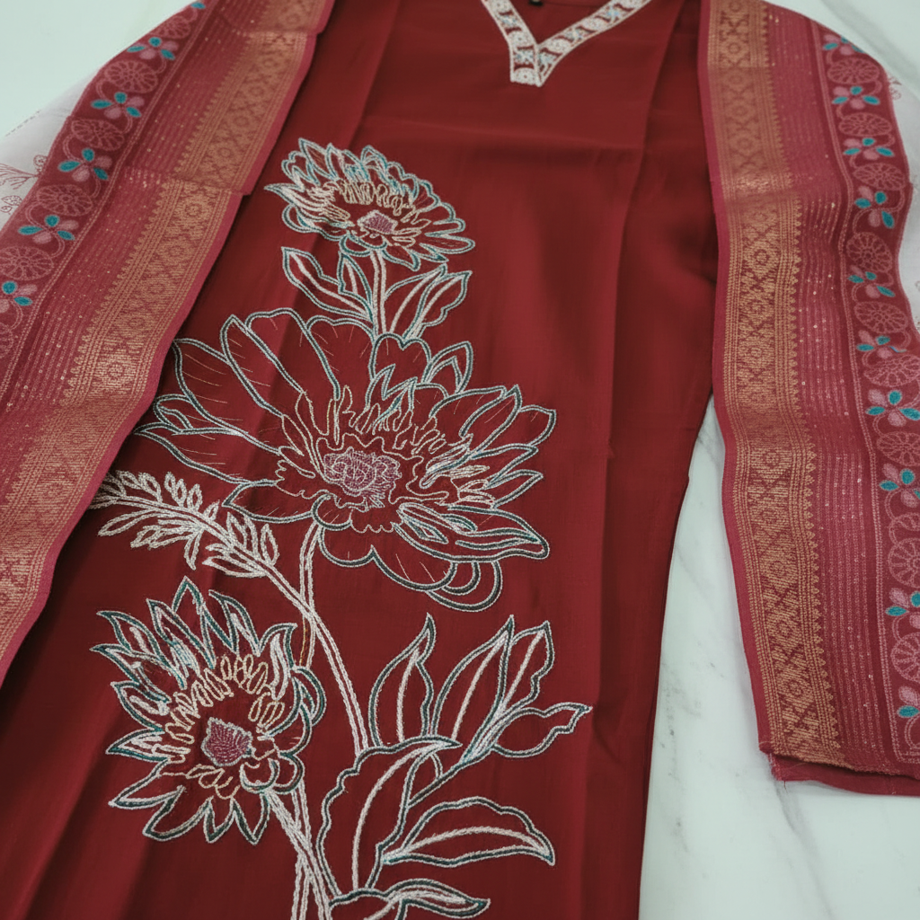 Maroon Suit — Close-up Embroidery Detail