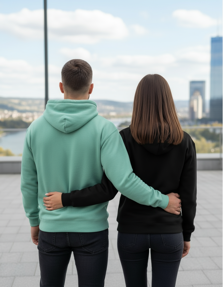 Mint green and black hoodie back view - arms around waist