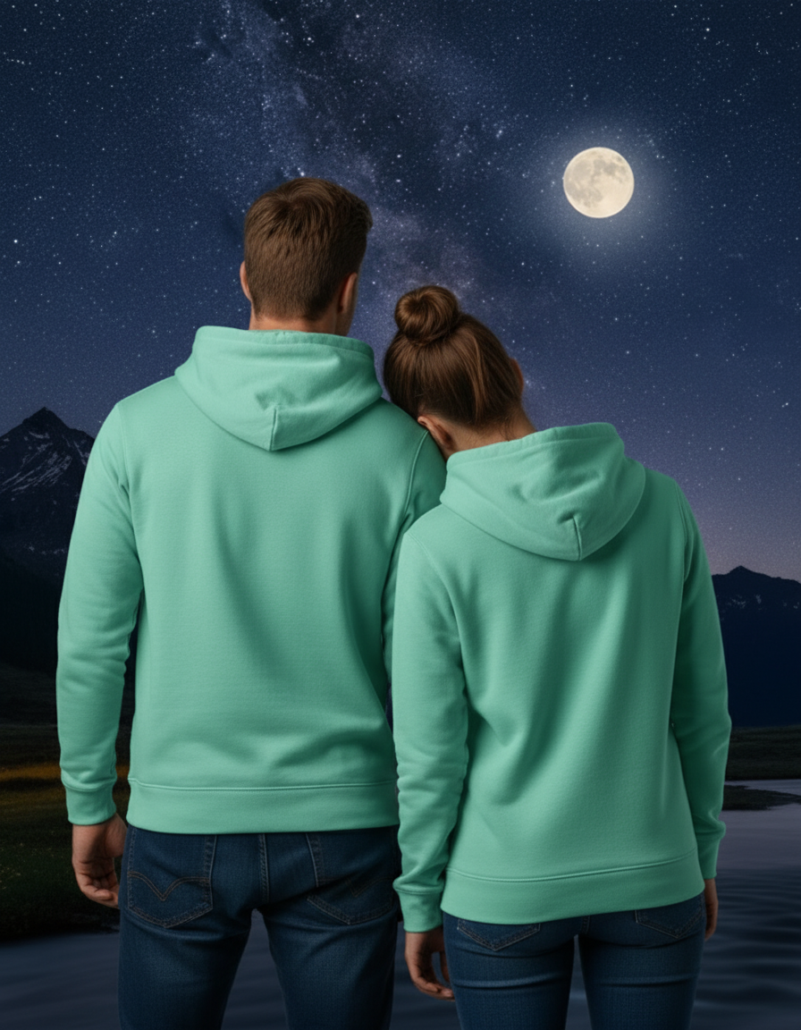 Mint green hoodie back view - head on shoulder