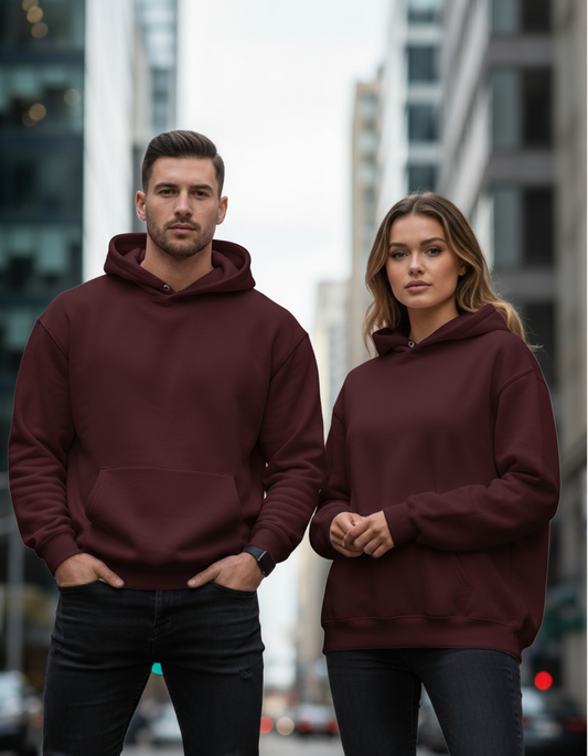 Models in burgundy oversized hoodies