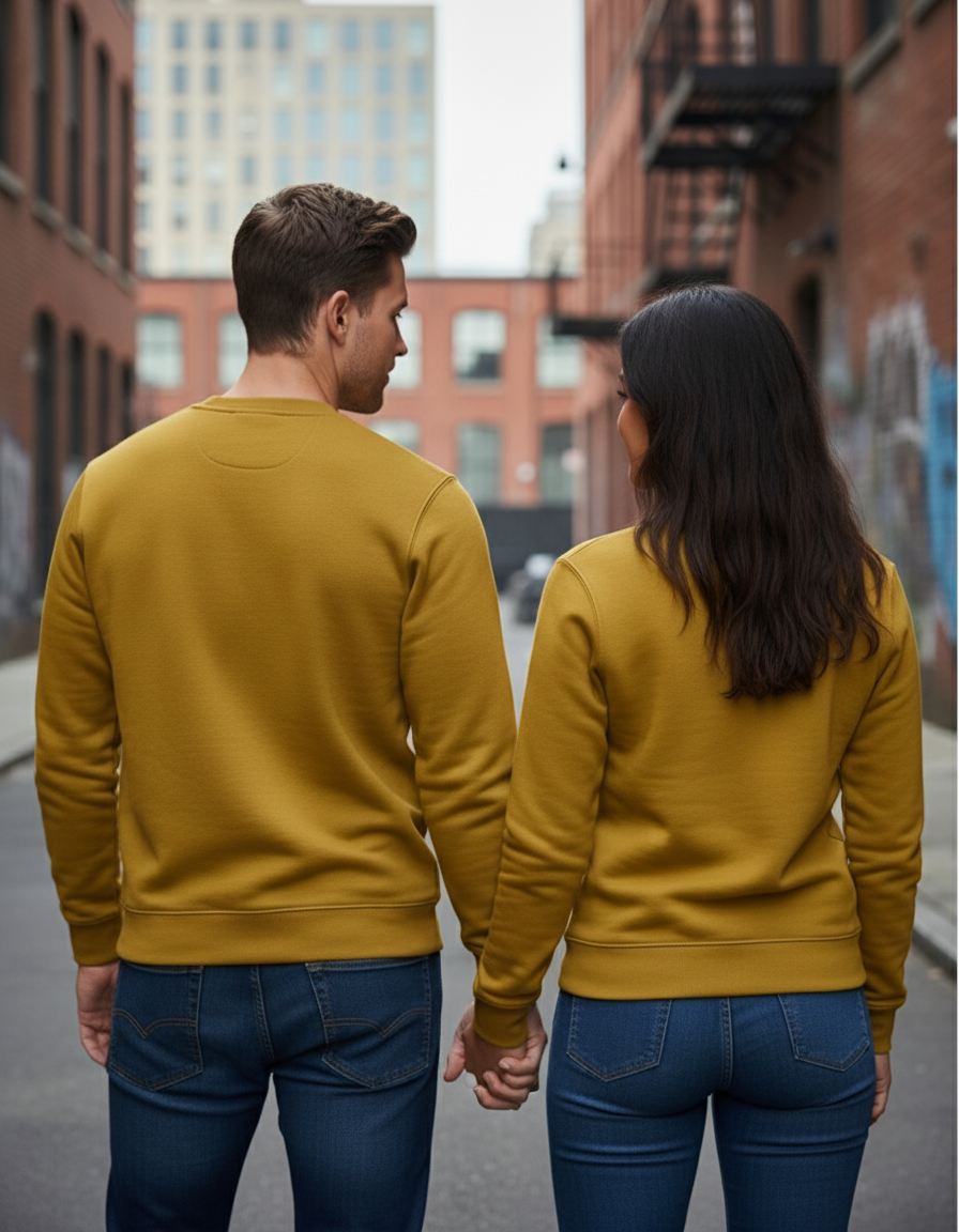 Mustard yellow sweatshirt back view - holding hands