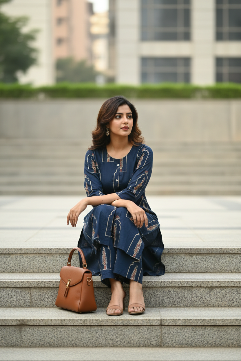 Navy Blue Kurta Set - Seated Model Shot