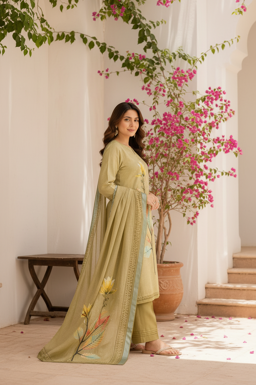 Olive Green Floral Suit – Different Pose