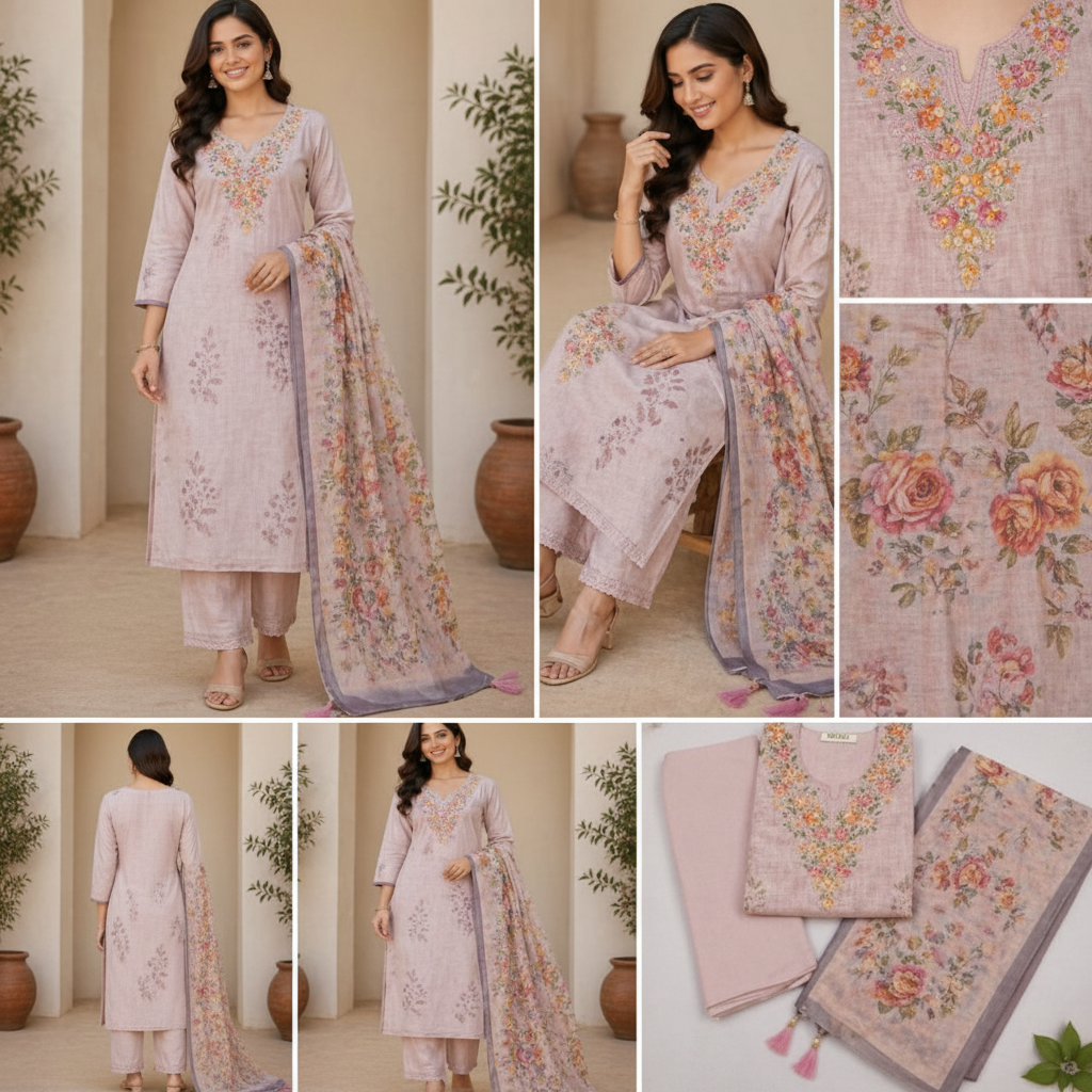 UNSTICHED PETAL PINK LINEN SUIT WITH HANDWORK ON NECK
