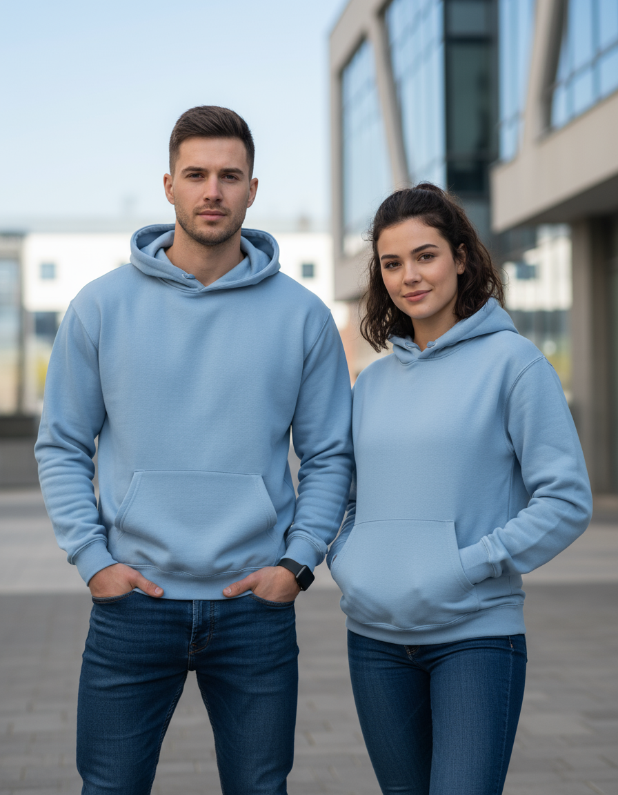 Professional product photography with models wearing light blue hoodie