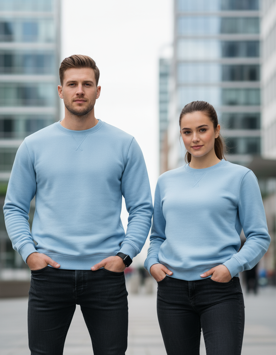 Professional product photography with models wearing light blue sweatshirt