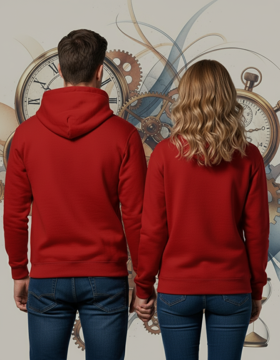Red hoodie back view - holding hands