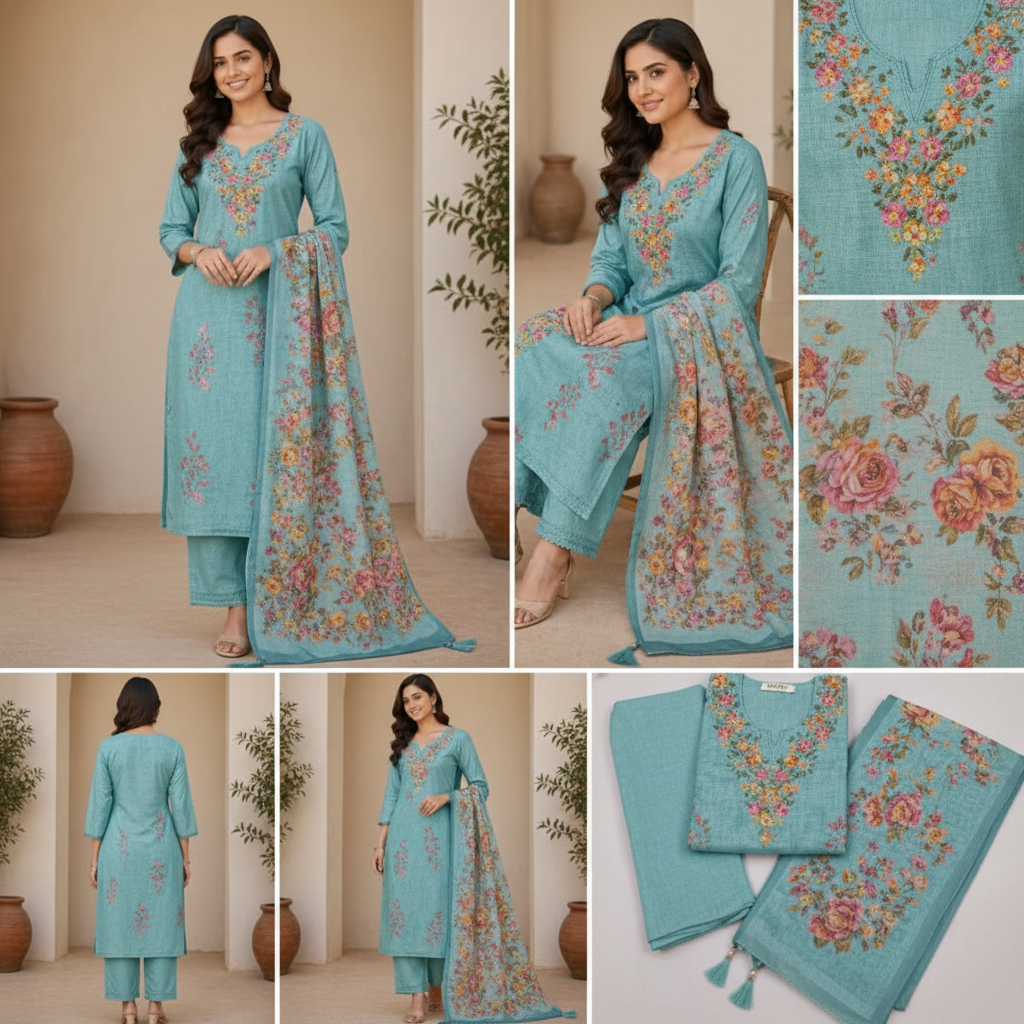 UNSTICHED SKY MIST LINEN SUIT WITH HANDWORK ON NECK