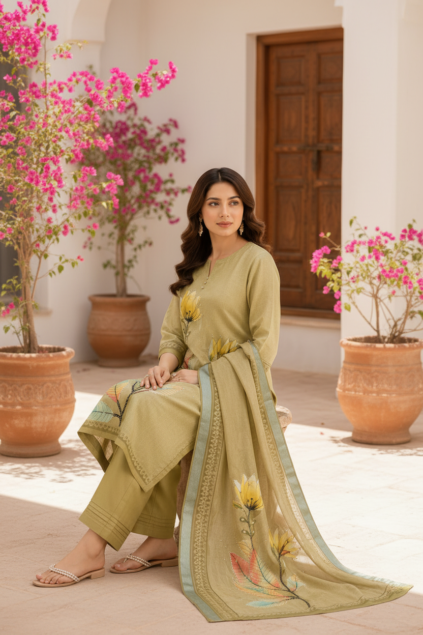 Seated Side Pose – Olive Green Salwar Suit