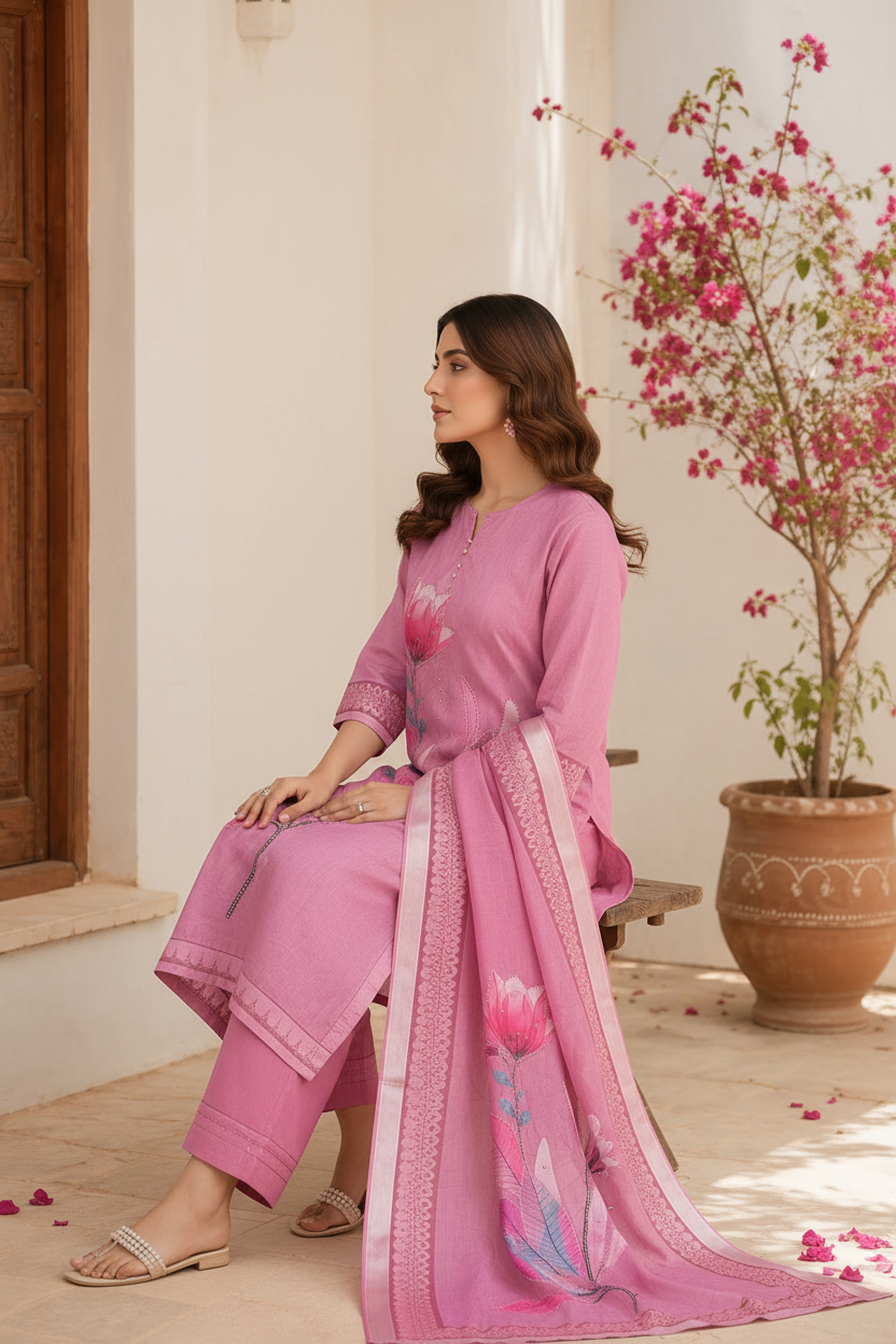 Seated Side Pose - Pink Floral Salwar Suit