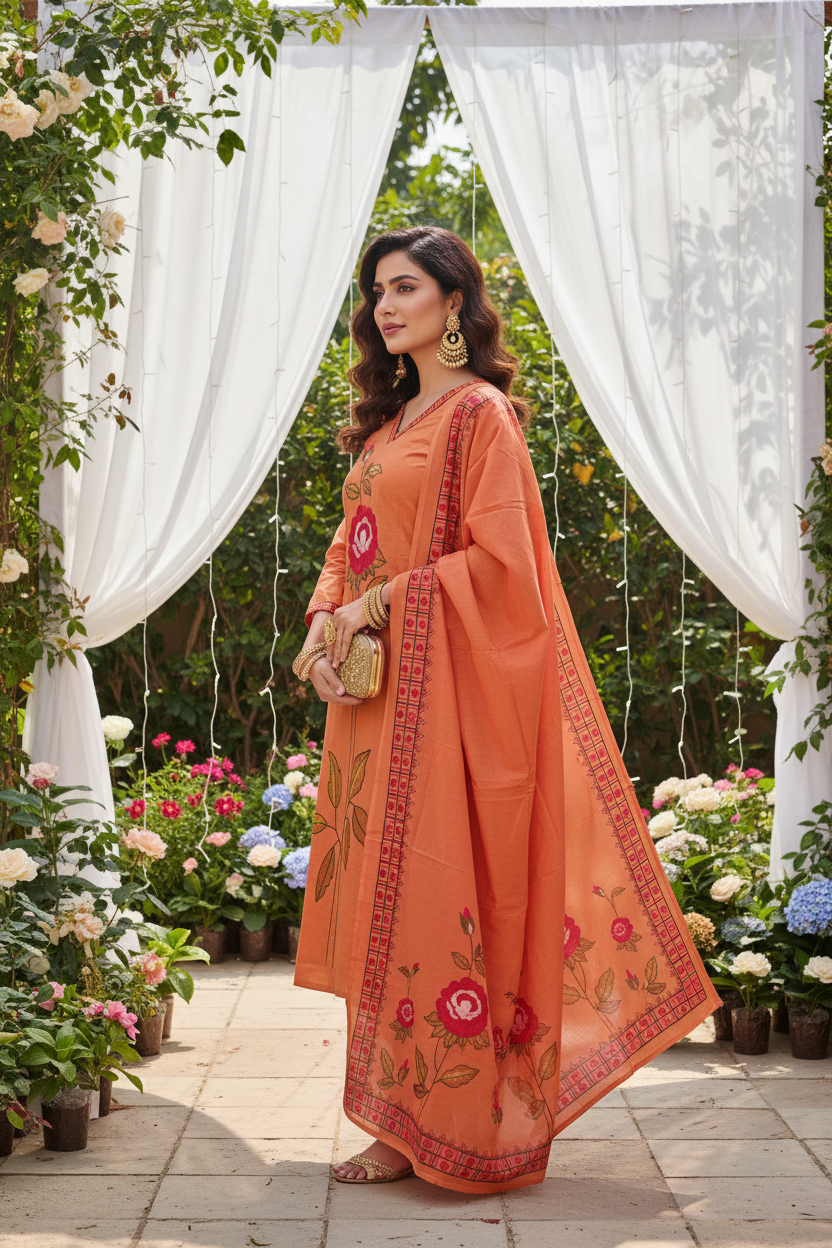 Side Angle — Orange Suit with Draped Dupatta