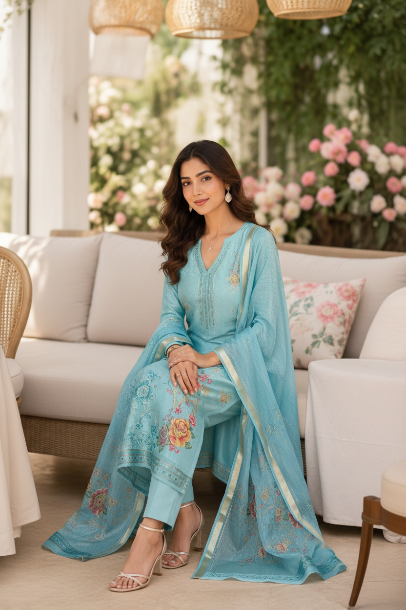 Sitting pose - Aqua Floral Salwar Suit