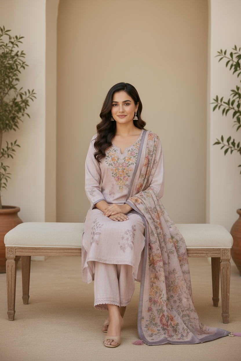 Sitting Pose - Mauve Floral Suit
