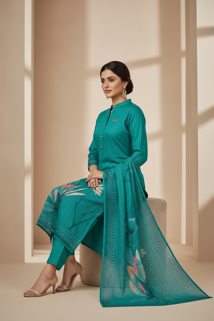 Teal Suit - Seated & Side Pose