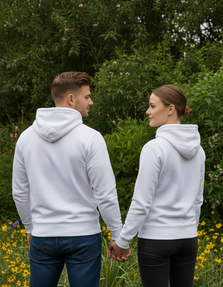 White hoodie back view - garden setting looking at each other
