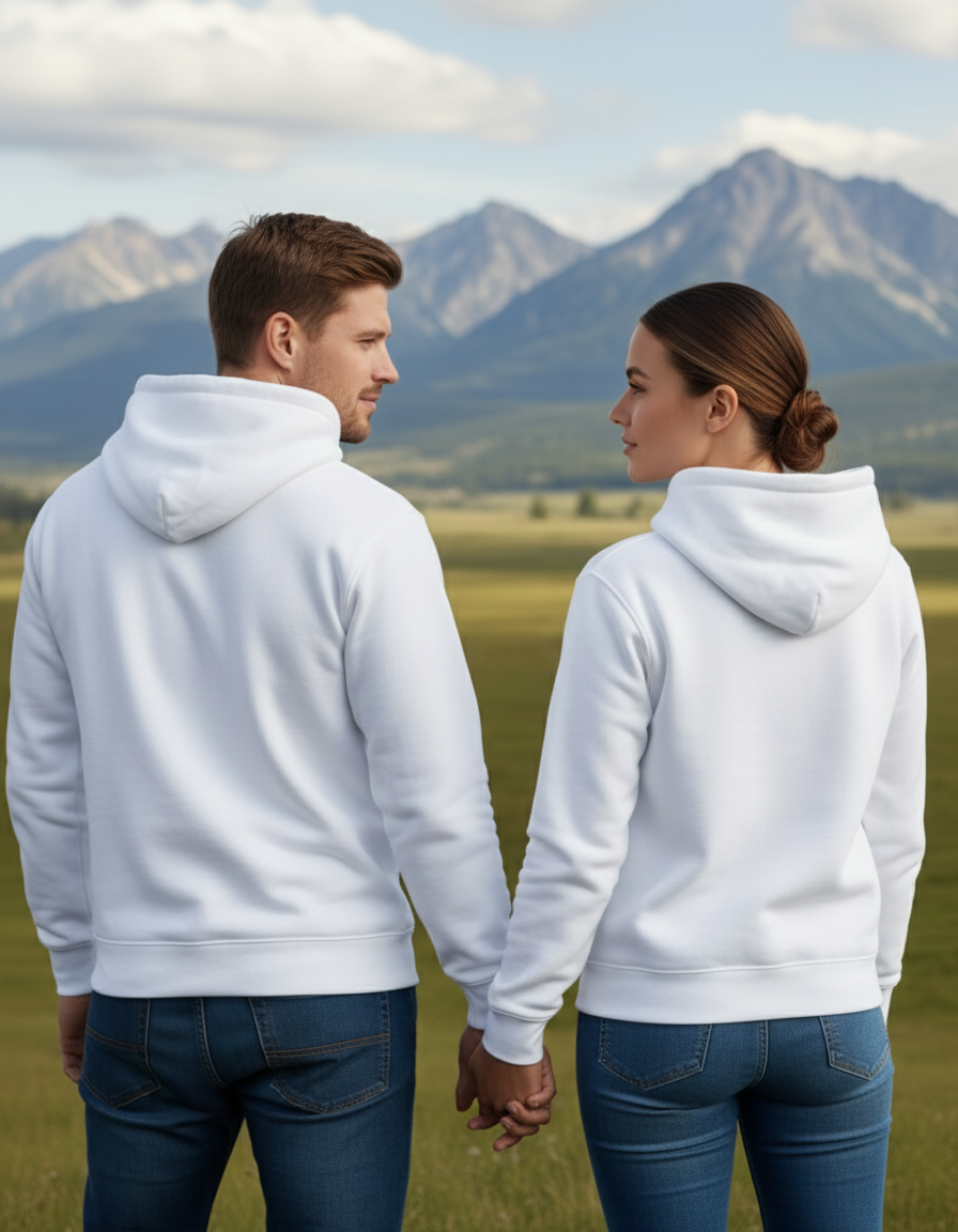 White hoodie back view - looking at each other holding hands