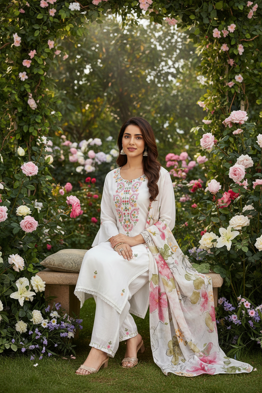White Suit Garden Sitting Pose