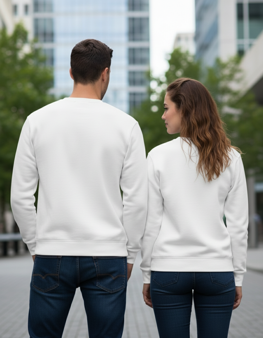 White sweatshirt back view - hands in back pockets
